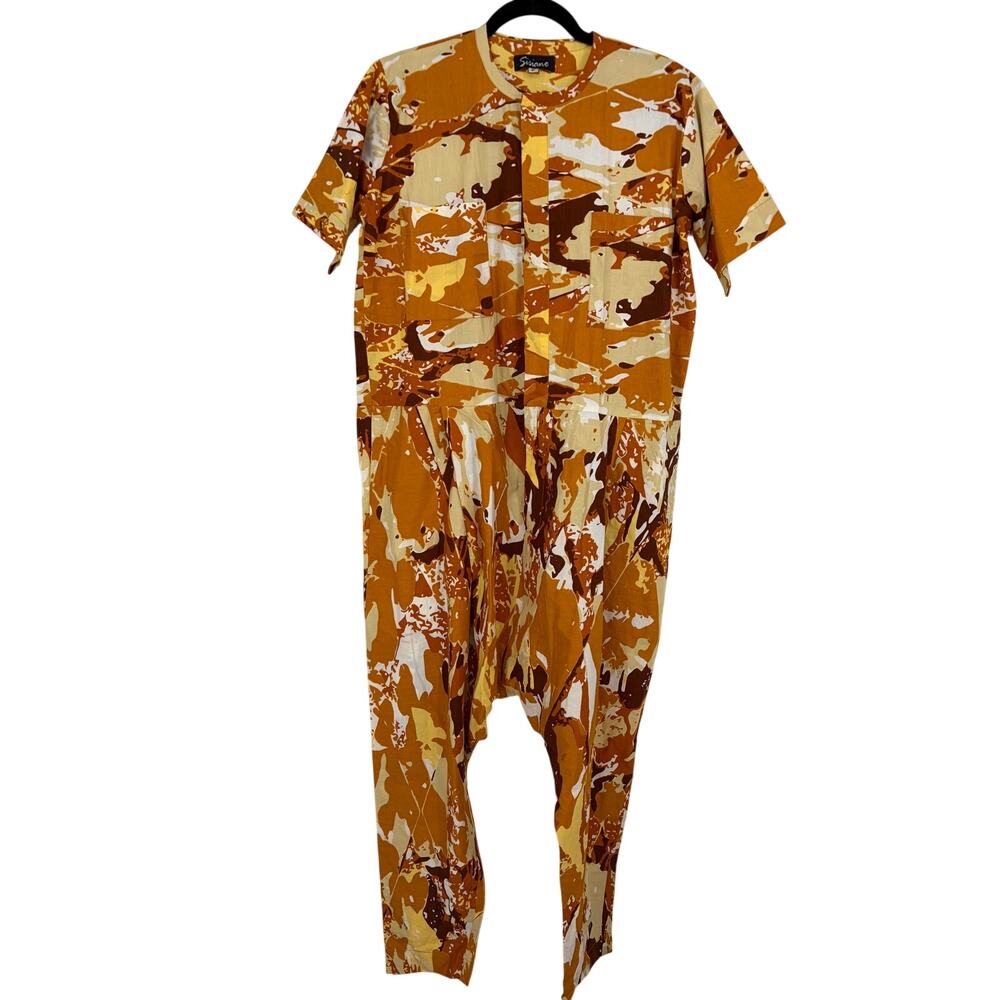 Sisiano Women's Vintage 80's/90's Orange Yellow Camo Boho Jumpsuit Size Medium